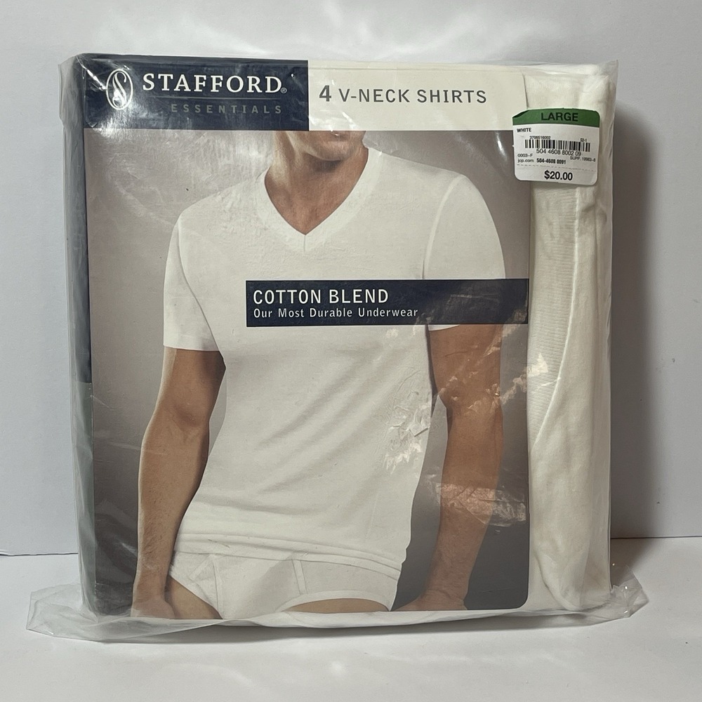 Vintage STAFFORD Men's 4pk Cotton Blend V Neck White Undershirts T-Shirts Large